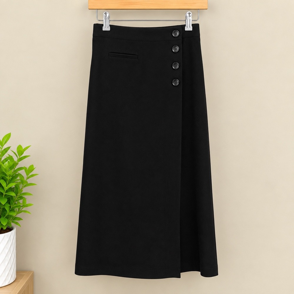 Christopher & Banks Black Moleskin Faux Wrap Midi Skirt Button Detail 4 New